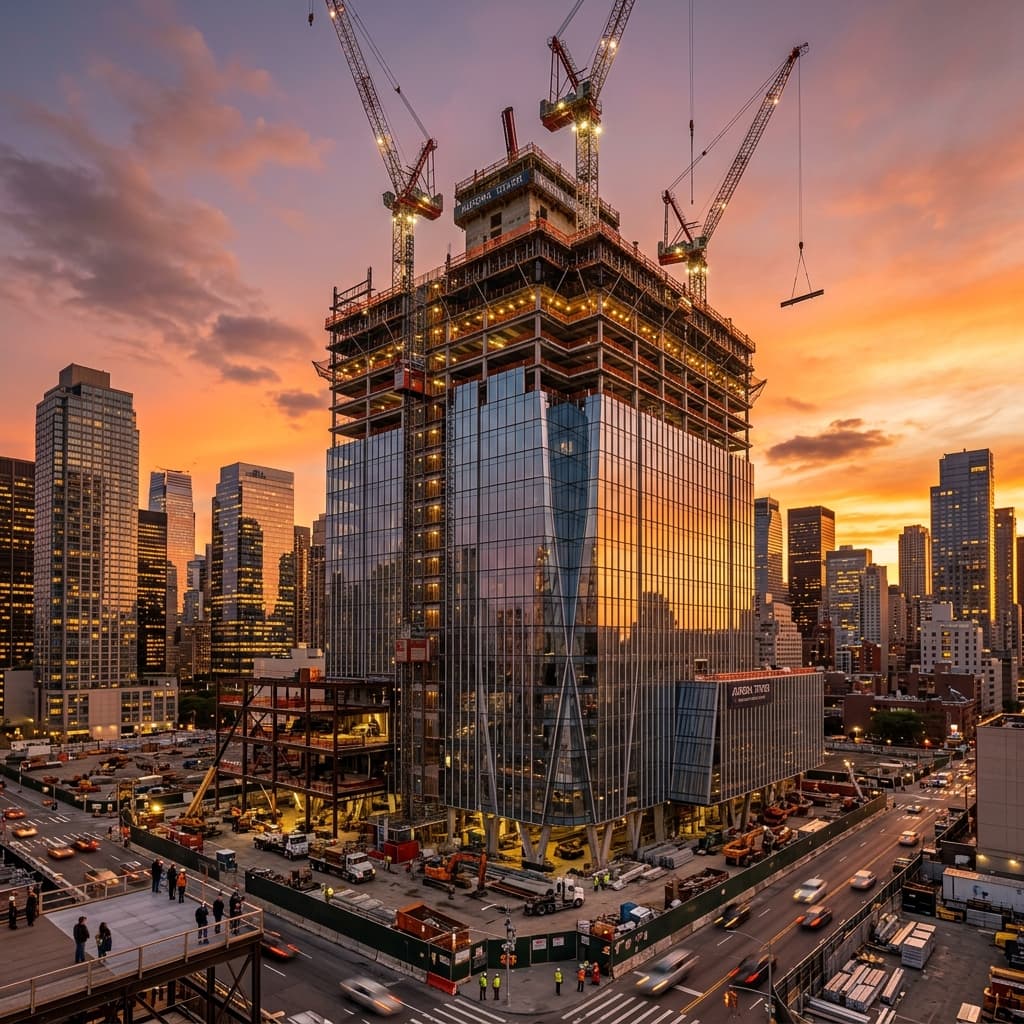 High-Rise Commercial Construction Site at Sunset